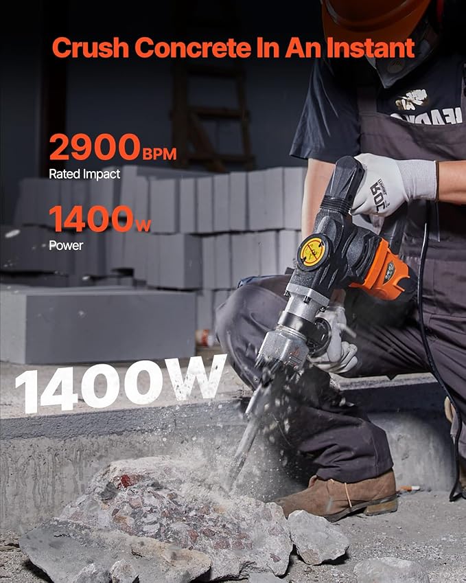 VEVOR Demolition Jack Hammer, MAX 1400W Electric Jackhammer Heavy Duty, 2900 BPM Concrete Breaker 2pcs Chisels Bits Chipping W/Case, Gloves