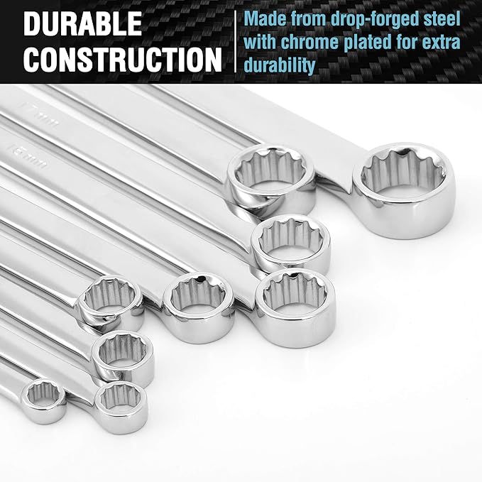 DURATECH Extra Long Ratcheting Wrench Set, Double Box End, Metric, 9-Piece | 8 mm-22 mm, CR-V, 72-Tooth, 5° swing arc, 12-Point, More Torque, for Narrow Spaces, with EVA Foam Organizer