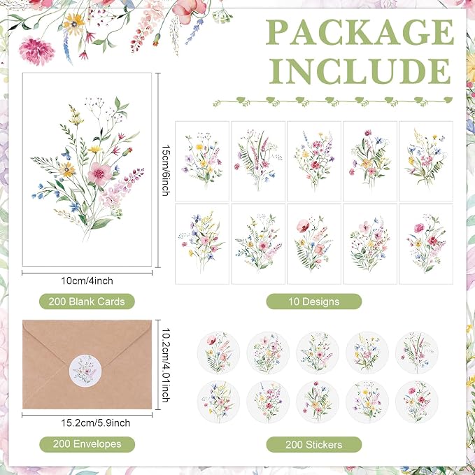 Maitys 200 Set Wildflower Blank Cards and Envelopes Bulk 4x6 Inch Blank Greeting Cards with Envelopes & Stickers 10 Elegant Designs Floral Notecards for Wedding Bridal Showers Anniversary Events