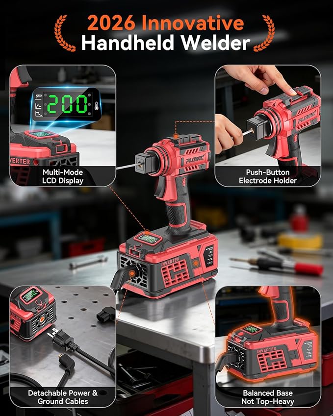 Portable Welding Machine:【2026 Upgraded】110V Handheld Welder with Balanced Design, LCD Display & 3 Modes (MMA/Hot Start/Arc Force), 200A IGBT Inverter ARC Welder Gun Fits 1/16"-1/8" Rods, Red