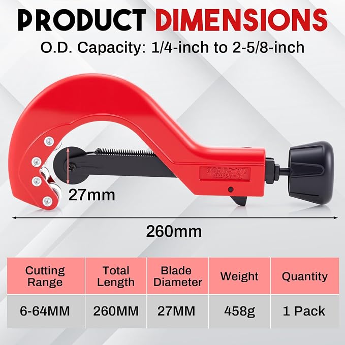Teenyyou Heavy Duty Tubing Cutter for Plastic Pipe 1/4" to 2-5/8" Manual Aluminum Pipe Cutter Tool with Blade for Cutting Plastic PPR PE Tubes