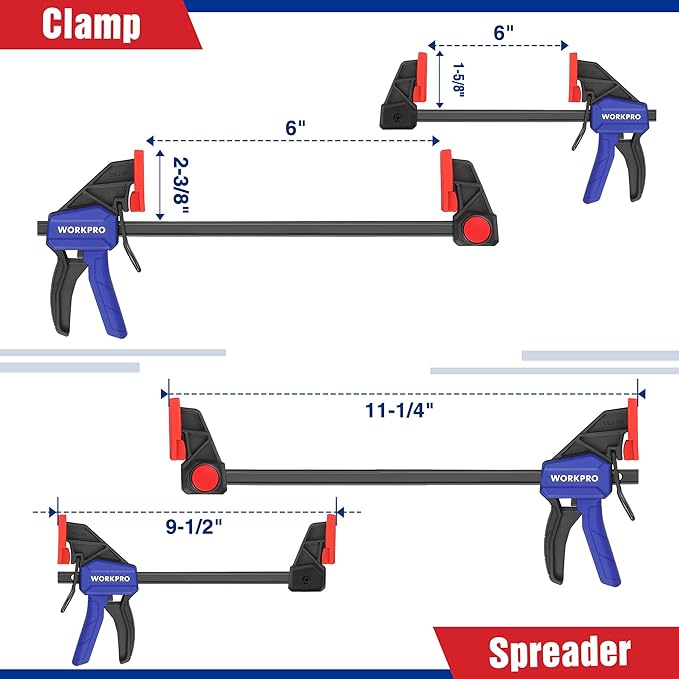 WORKPRO Mini Bar Clamps for Woodworking, 6PC One-Handed Spreader/Bar Clamp, 6-Inch (4) Light-Duty Quick-Change Wood Clamps Set and 6-Inch (2) Mini F Clamp, 150 lbs&50 lbs