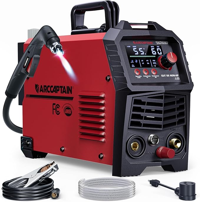 ARCCAPTAIN 55Amp Plasma Cutter, Blowback Non-HF Pilot Arc Plasma Cutting Machine, Large LED Display IGBT Inverter 110/220V Dual Voltage, 3/5" Clean Cut, Mesh Cutting, Rust Removal, PA PT Adjustable