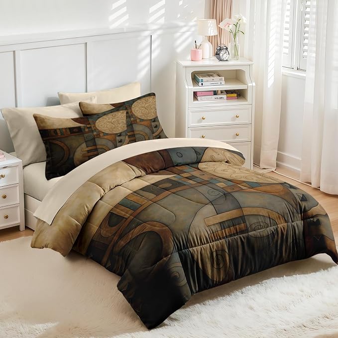Nesker Comforter Set King Size, Geometry Vintage 7 Pcs Bedding for Kids and Adults, Abstract King Retro Tribe Bed Sheet Sets with Fitted Sheet 2 Pillowcases & 2 Shams