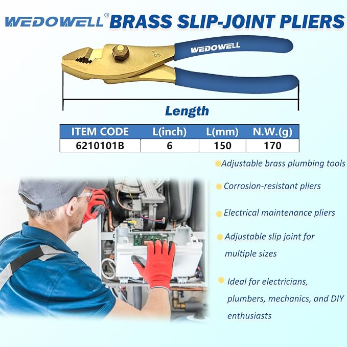 WEDOWELL 6" Brass Slip Joint Pliers,Wire Cutter with Rubber Grip Handle,Combination Pliers,Length 150mm,Non-Slip Handle,Corrosion-resistance