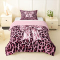 Feelyou Leopard Print Comforter Set Toddler Size Cute Pink Bow Bedding Set for Kids Boys Girls Cheetah Animal Fur Duvet Quilt Bedroom Decor Microfiber 2 Pcs with 1 Pillow Cases