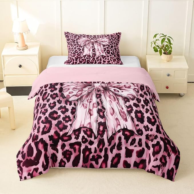 Feelyou Leopard Print Comforter Set Twin Size Cute Pink Bow Bedding Set for Kids Boys Girls Cheetah Animal Fur Duvet Quilt Bedroom Decor Microfiber 2 Pcs with 1 Pillow Cases