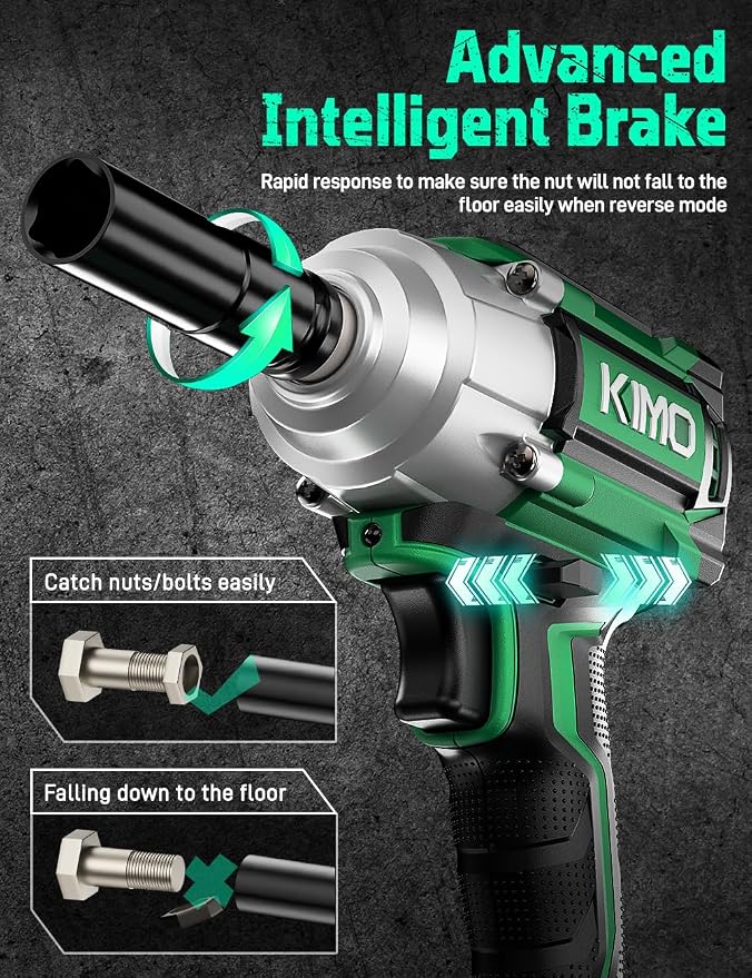 KIMO Impact Wrench 1/2 Cordless, Impact Gun for Car Tire, 20V Impact Driver | 550N.m (410ft-lbs), 4000RPM/3500IPM , 4 Sockets, 9-Piece Drill& Driver Set, Safety Lock, Variable Modes, 4000mAh Battery