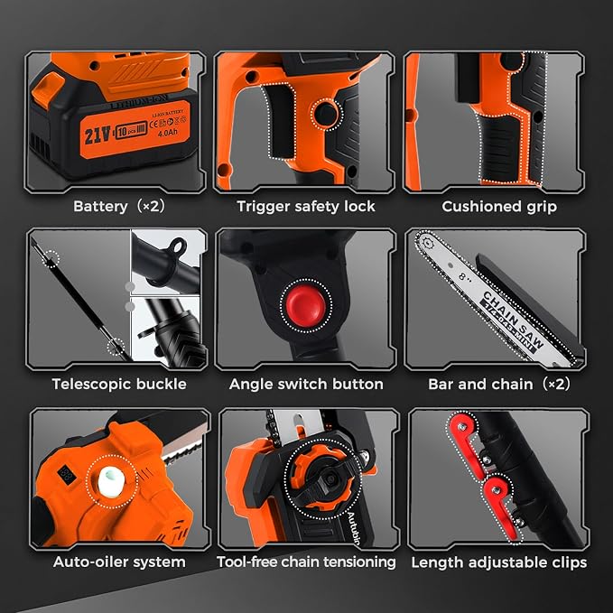 2-in-1 Electric Pole Saw for Tree Trimming,1200W Brushless Cordless Pole Saw & 8 Inch Mini Chainsaw with 2 x 4.0Ah 21V Batteries,16 FT Max Reach & Multi-Angle, Tree Trimmer for Branch Cutting.