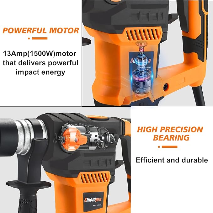 1-1/4 Inch SDS-Plus 13 Amp Rotary Hammer Drill Heavy Duty, Safety Clutch 3 Functions with Vibration Control,Including Grease, Flat Chisels, Point Chisels and 3 Drill Bits