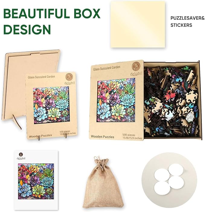 Delobi Stained Glass Puzzles for Adults 500 Pieces Succulent Wooden Puzzles, Unique Challenging Jigsaw Puzzles Gift for Friends Family Game Medium Size 15.9'' x15.9''