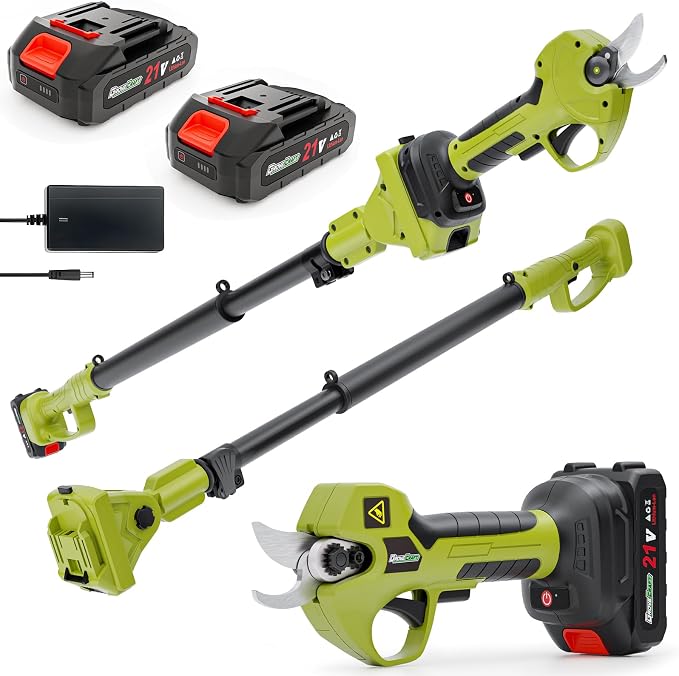 2-in-1 Pole Pruning Shears,1" Cutting Diameter Cordless Electric Pole Pruners - Brushless Motor, 2 * 4.0Ah Batteries, Branches Cutter for Tree & Flower(Fast Charger Included), Green