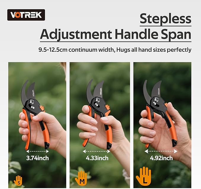 VOTREK® Pruning Shears, [Patented Stepless Handle Opening] - Garden Clippers with Ultra-Sharp SK5 Steel for Weak Hand, Bonsai Scissor Universal Fit for All Hand Sizes, Effortlessly Cut 1-Inch Branches