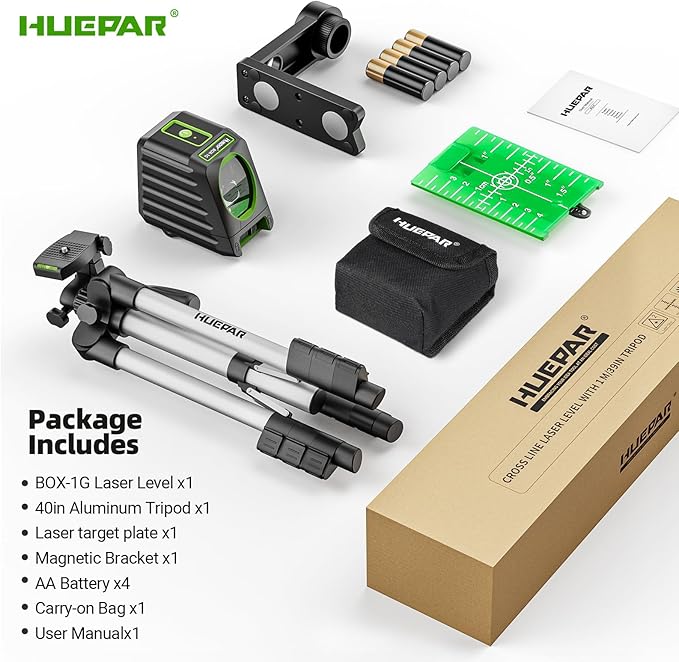Laser Level with 40in Tripod, Huepar 150°/150Ft Self Leveling Lazer Leveler Tool with Pulse Mode (197Ft), Switchable Green Cross Line for Picture Hanging, Tile, DIY/Construction Project
