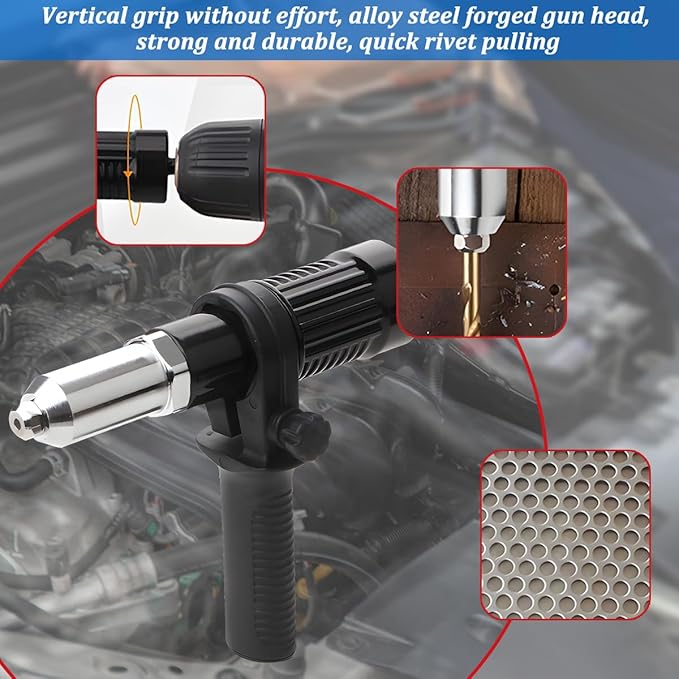 Bittwee Car Pop Rivet Gun Adapter Kit, Cordless Electric Power Riveting Drill Attachment with 4 Rivet Head, Automotive Cordless Riveting Drill Insert Nut Adaptor Tool, Universal for Vehicles