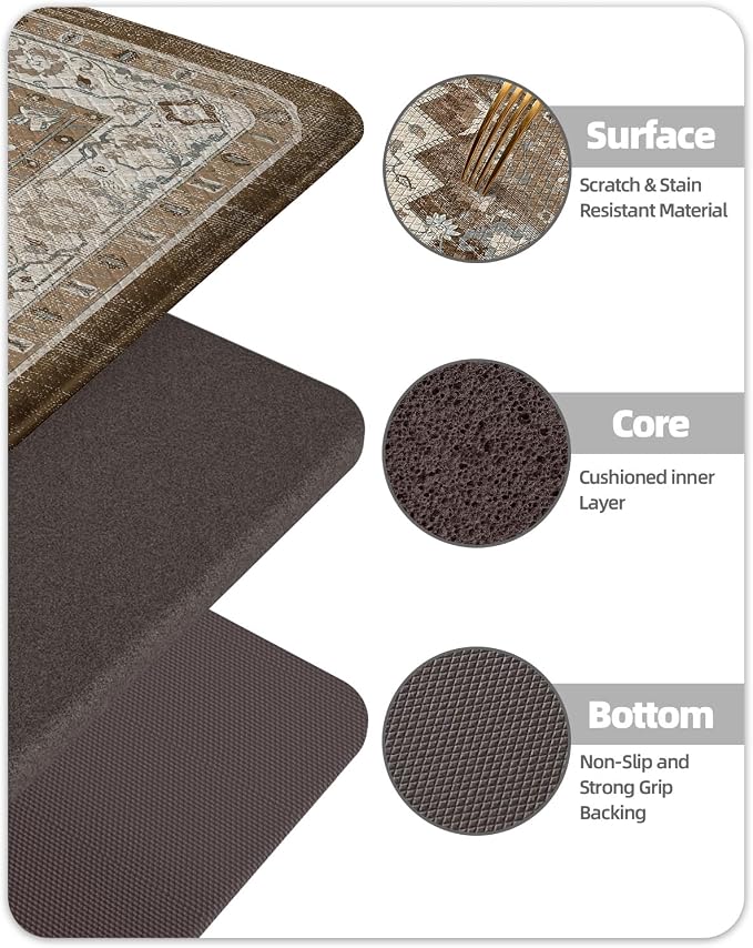 Color&Geometry Anti Fatigue Kitchen Mats for Floor 2 Piece 24"x59"+24"x87", Vintage Kitchen Rug Set, Waterproof & Oil Proof, 0.4" Thick Cushioned, Non-Slip Wide Runner for Sink, Laundry,Brown