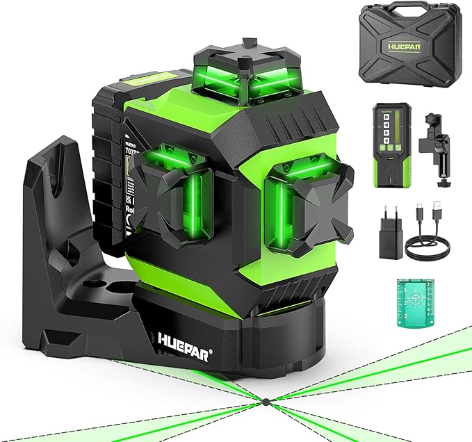 Huepar Laser Level 360 Self Leveling Outdoor with Fixed-Point Pivot Alignment Adjustment, 1/13"Precision Lazer Leveler with Pulse Mode, Adjustable Brightness, Remote Control Receiver, Solo Projects