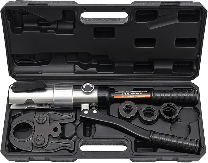 Pipe Crimper Copper Pipe Press Crimping Tool Kit 360° Rotatable Crimp Head Hydraulic Copper Tube Crimping Tool for Copper Tees Elbows Straight Pipes with 3 Molds (1/2", 3/4", 1") (Black)