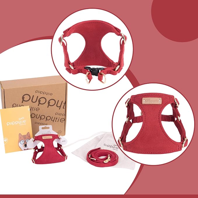 Puppytie Dog Harness and Leash Set, Red Hawthorn, M (16.5-31 lbs) | Harness Small Size Dog, Dog Leash for Small Dogs, Soft Lightweight and Adjustable, Small Dog Harness for Daily Walks