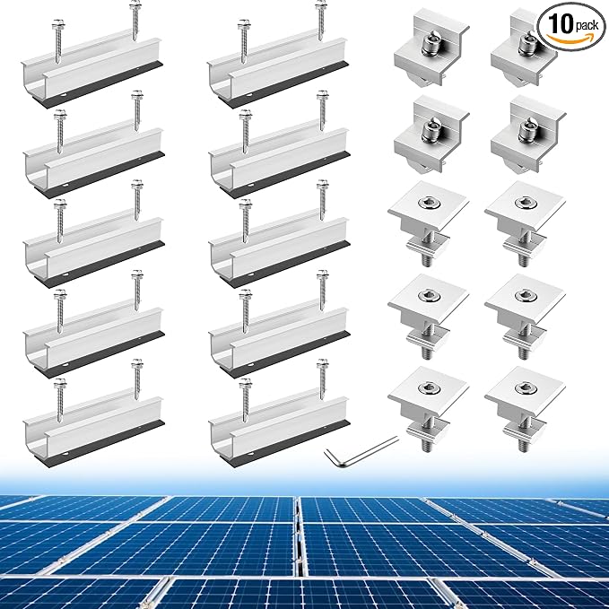 Anbte Solar Panel Mounting Brackets for Roof, Aluminum Solar Rails, Silver | Solar Panel Mounting Kit For 4 Panels, Included 10 X 4.72 In Rails+4 End Clamps+6 Center Clamps+1 Wrench, For Roof, RV, Boat