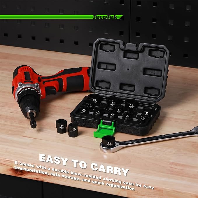 TecoTek 15-Piece 1/2-Inch Drive Metric Low Profile Impact Socket Set, Stubby Socket Set, 10mm-24mm, No Skips Sizes, 6 Point, Cr-Mo, Shorter Socket for Tight Areas