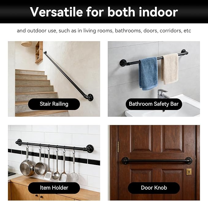 8FT Metal Staircase Hand Rail, Wall-Mounted Industrial Pipe Stair Handrail | Black Galvanized Iron Handrails for Garage, Porch, Toilet, Yard and Garden, Vintage Railing for Outdoor Indoor Stairs