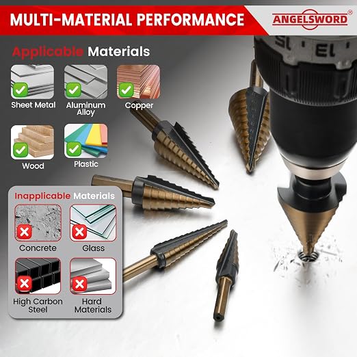 ANGELSWORD Step Drill Bits, 50 Sizes, 5PCS HSS Titanium Coated Step Drill Bit Set for Plastic, Aluminum, Copper, Sheet Metal, with Aluminum Case