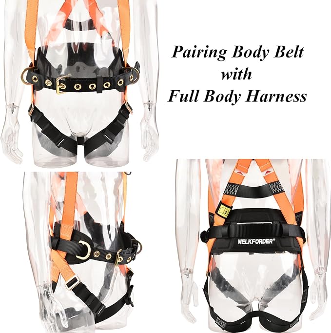 Tongue Buckle Body Belt With Waist Pad and 2 Side D-Rings Personal Protective Equipment Safety Harness | Waist Fitting Size 33'' to 47'' for Work Positioning, Restraint