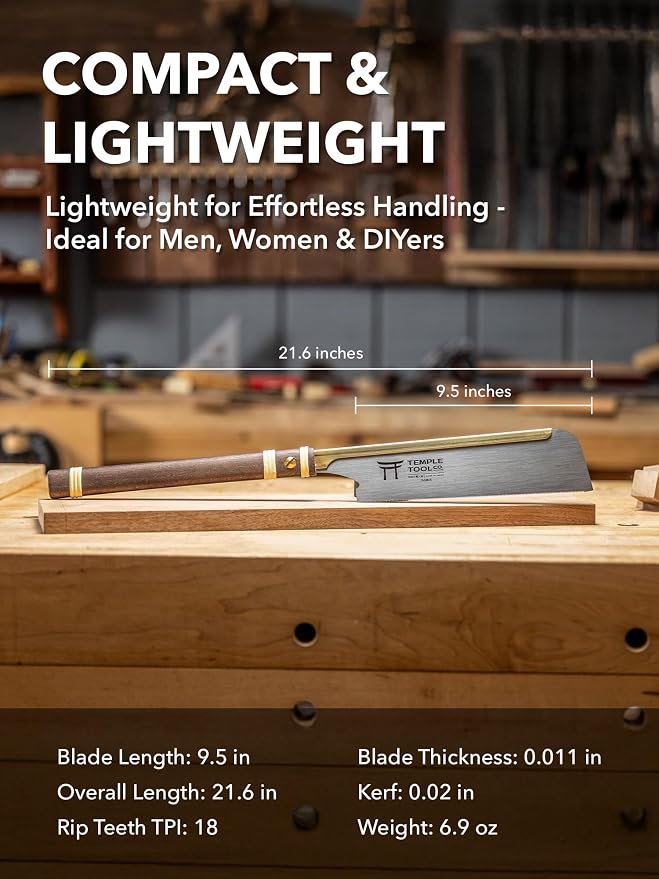 Temple Tool Co. Japanese Pull Saw - Rip-Cut 9.5 - Hand Saw for Dovetails, Tenons, Fine Joinery