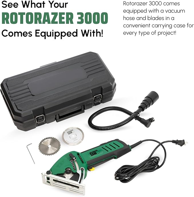 Official ROTORAZER Compact Circular Saw Set for DIY Projects - Cut Drywall, Tile, Grout, Metal, Pipes, PVC, Plastic, Copper, and Carpet w/Blades, Dust Collector & Case - AS SEEN ON TV (Green)