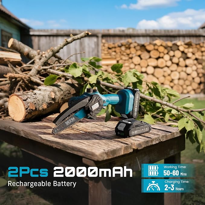 SEESII 6-Inch Mini Chainsaw Cordless with Oiler System | 2x2000mAh Batteries, Handheld Electric Chain Saw with Safety Lock, Battery Powered Chainsaw for Wood Tree Cutting, M6 Plus