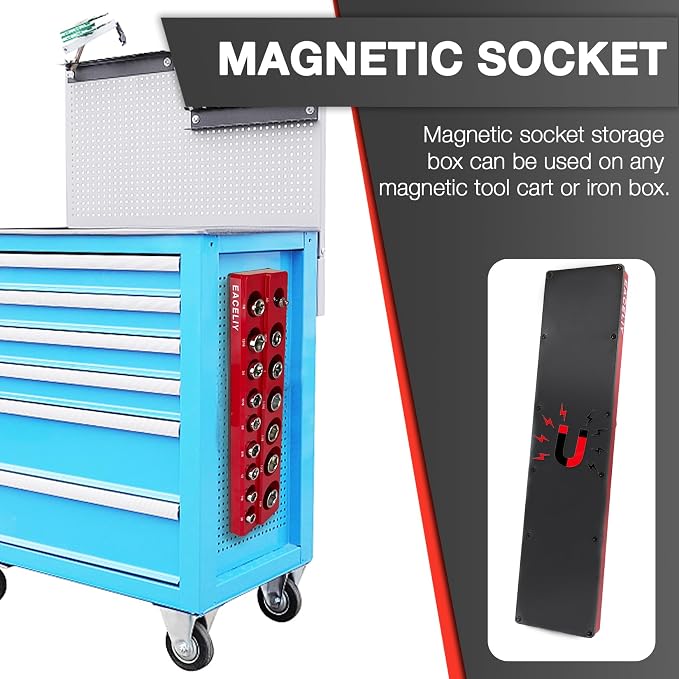 EACELIY Magnetic Socket Organizer Set,SAE Socket Holder Kit, Socket Trays，holds 68 Deep and Shallow 3/8" Sockets(sockets not included) 丨3PC 1/2",1/4" and 3/8"（Red）