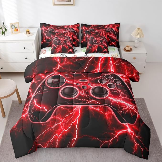 Erosebridal Gaming Comforter Set 7 Piece Bed in a Bag Twin, Gamer Bedding Sets Retro Game Console Comforter and Sheet Set, Red Lightning Room Decor,Kids Bedroom Decor