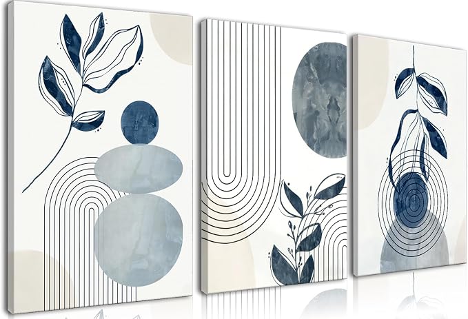 Frimeeme Blue Bohemain Framed Canvas Wall Art Set of 3,Abstract Geometric Line Wall Painting for Bedroom Bathroom, 12"x16" Inches,Framed