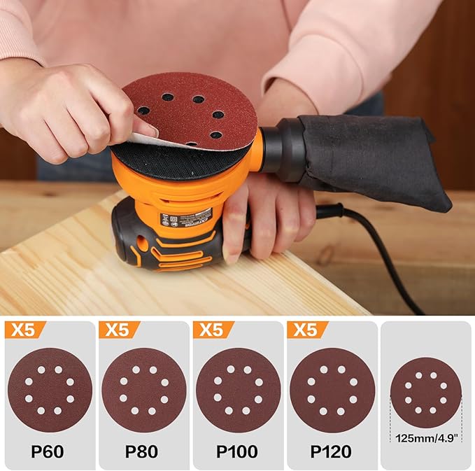 5" Orbital Sander,300W Electric Sander 5000-12000OPM Variable Speeds with 20Pcs Sandpapers,Power Orbital Sanders for Woodworking and Sanding with Vacuum Dust Collector