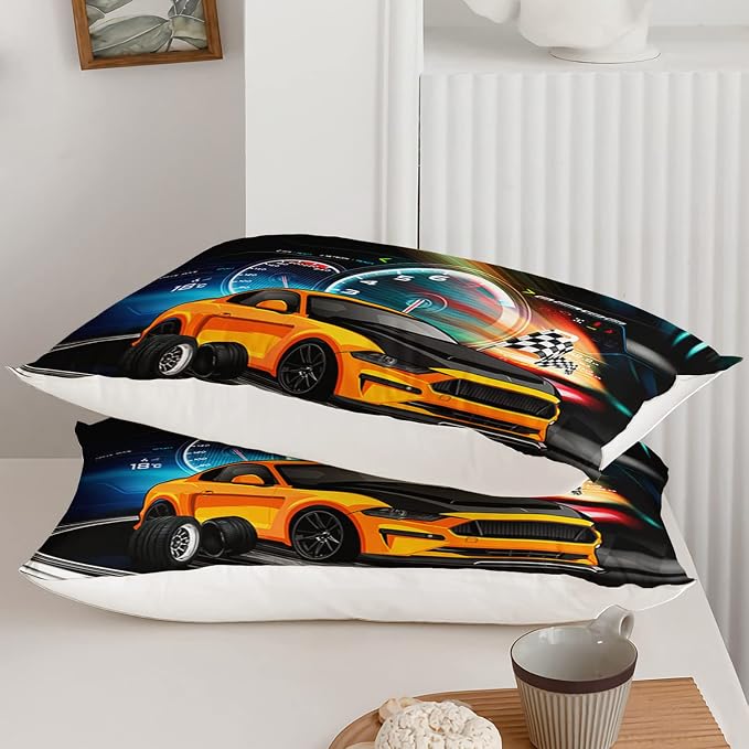 Axolotl Race Car Bedding Set Queen Size, Boys Extreme Sports Comforter Set for Kids, Yellow Cool Car Racing Gifts, Sports Quilt Set With 1 Comforter and 2 Pillowcases