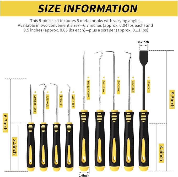9PCS Hook and Pick Tool Set with Scraper- Automotive Pick Set with Metal Pick Tools & Ergonomic Grip, Mechanic Tool Set for Car Repair, O-Rings, Gaskets, and Tight Spaces