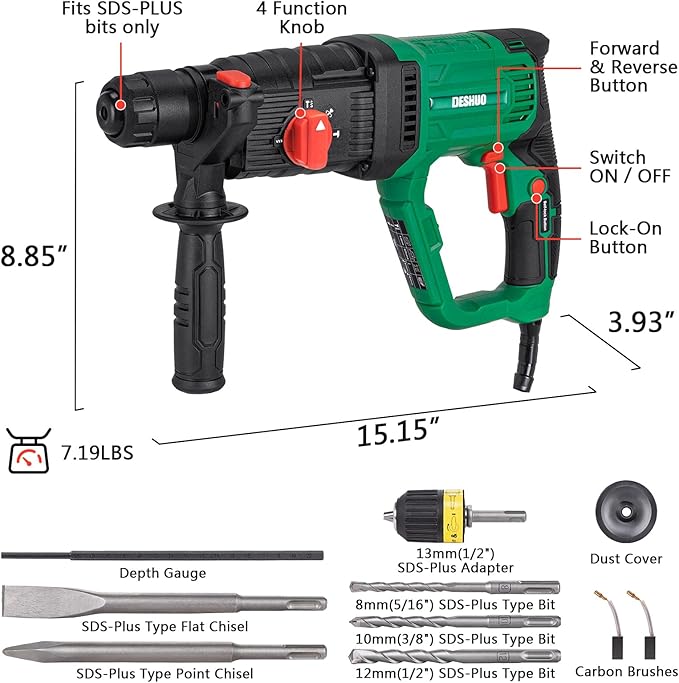 1" SDS Plus Lightweight Rotary Hammer Drill with 1/2" Keyless Chuck Adapter, 9 Amp 4 Functions Corded Variable Speed Rotomartillo with Safety Clutch for drilling in Concrete Masonry Wood Metal