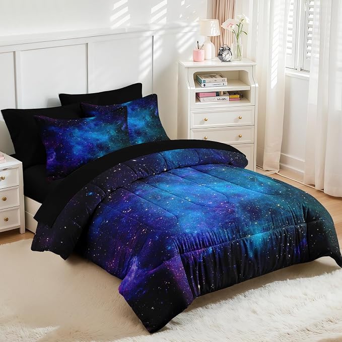 Nesker Comforter Set King Size, Galaxy Retro Star 7 Pcs Bedding for Kids and Adults, Space Science Night Sky Bed Sheet Sets with Fitted Sheet 2 Pillowcases & 2 Shams