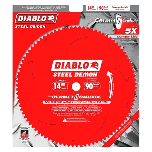 Diablo Steel Demon Cermet II Saw Blade for Thin Metal - 14" Diameter, 90 TCG Teeth, 1" Arbor, .083" Kerf, 0° Hook Angle, .0.71" Plate, 1800 Max RPM - D1490CF