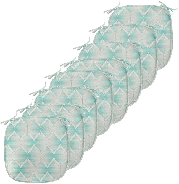 Lunarable Aquamarine Chair Seating Cushion Set of 8, Retro Nostalgic Pattern with Geometry Inspired Motif and Dotted Lines, Anti-Slip Seat Padding for Kitchen & Patio, 16"x16", Turquoise Eggshell