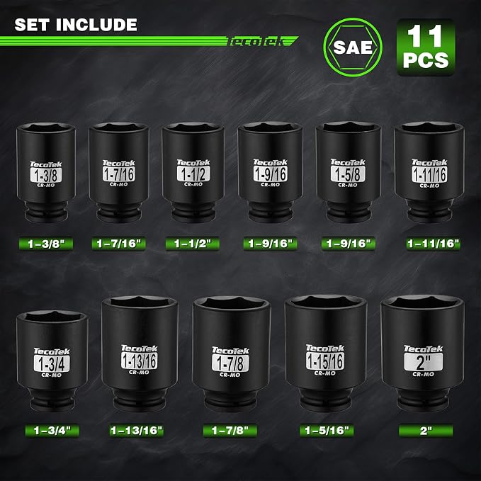 TecoTek 1/2" Drive Deep 6-Point Impact Socket Set, 11-Piece Standard SAE Spindle Axle Nut Impact Socket Set, Cr-Mo, 1-3/8-Inch to 2-Inch Size