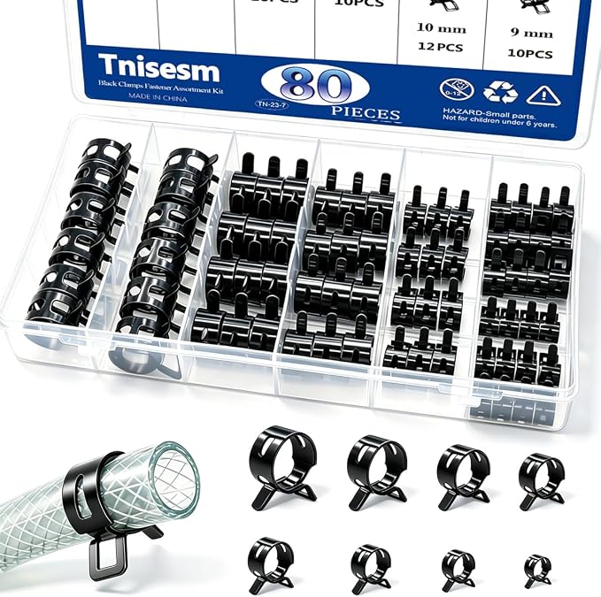 Tnisesm 80Pcs Spring Band Hose Clamps Assortment kits Silicone Vacuum Hose Pipe Clamp 7mm 9mm 10mm 11mm 14mm 15mm 16mm 18mm Low Pressure Air Clip Clamp(Black)