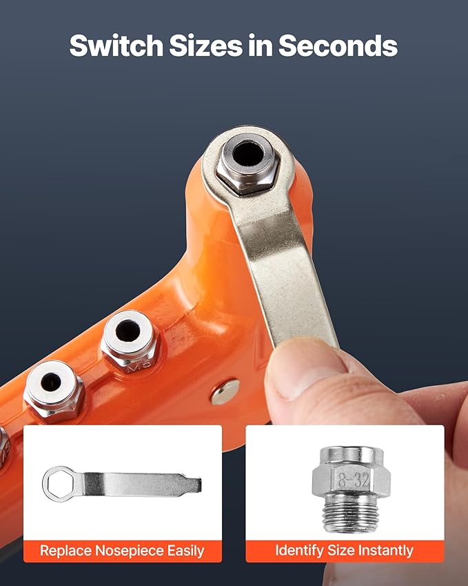 VEVOR Rivet Nut Tool Kit, 9-Inch One-Handed Rivnut Tool Kit, with 8 Mandrels, a Step Drill Bit and 80 Nuts, Metric and SAE Size M3, M4, M5, M6, 6-32, 8-32, 10-24, 1/4-20 UNC, with a Carrying Case