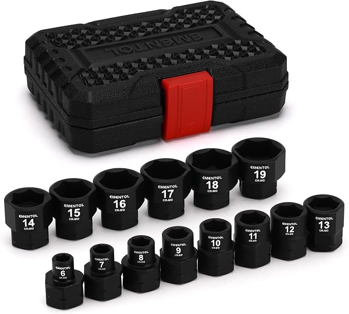 EMENTOL 14PCS 3/8" Drive Low Profile Nano Impact Socket Set, 3/8-Inch Drive stubby sockets, Metric, 6mm-19mm, CR-MO