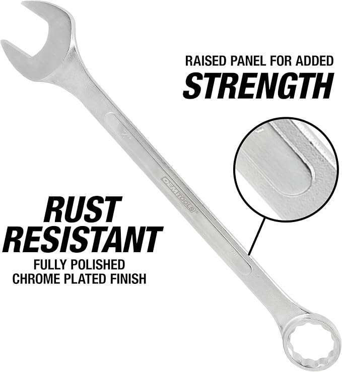 OEMTOOLS 22101 5 Piece SAE Jumbo Combination Wrench Set, Large Combination Wrench Set, SAE Sizes | Box End Metric Wrench Set, 15° Offset Wrenches, Chrome Plated Finish, Includes Canvas Wrench Roll, Drop-Forged Alloy Steel