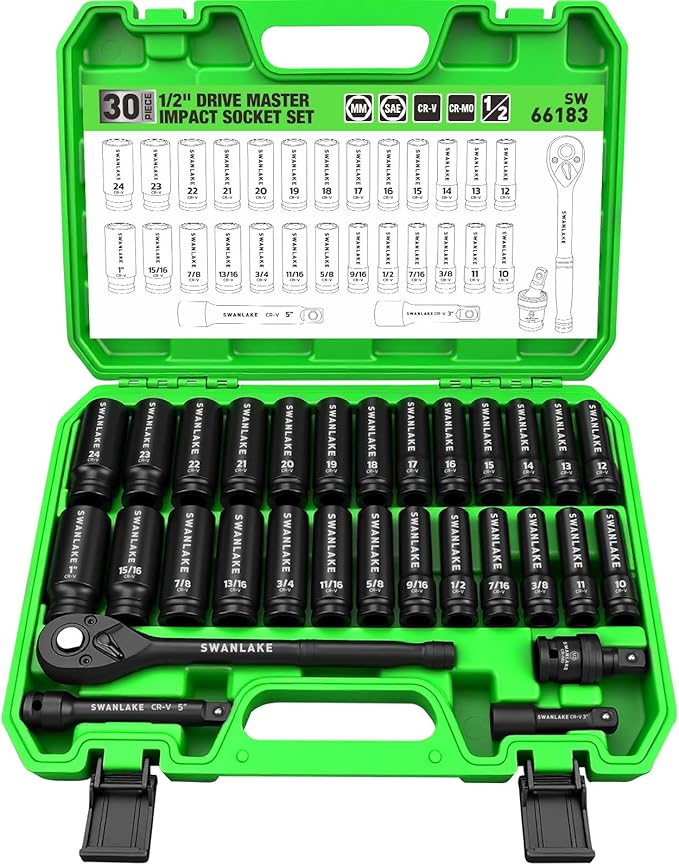 30-Piece 1/2" Drive Impact Socket Set, Standard SAE (3/8-1 inch) and Metric (10-24mm) 6 Point CR-V Steel Deep Socket, Ratchet Handle, 3" & 5" Extension Bar, CR-MO Impact Universal Joint