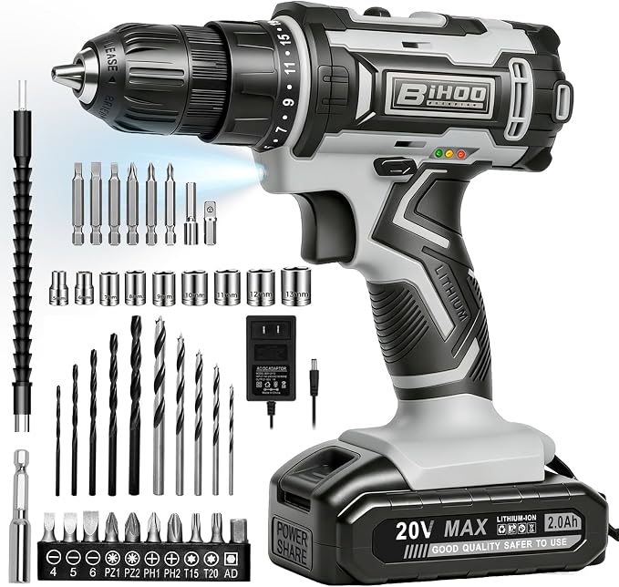 Cordless Drill Set,20V Drill Driver with Battery and Charger,3/8-Inch Keyless Chuck, Variable Speed,with Drills Bits Set,Gray