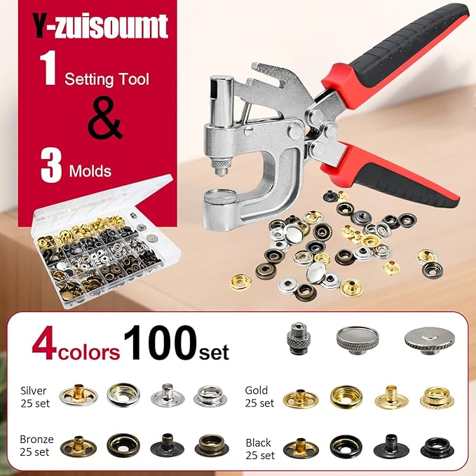 Snap Fastener Tool Kit, 4 Colors 400 PCS Boat Cover Snaps with Built in Punching Snap Installation Tool, 15 MM Canvas Snaps for Leather, Clothing and DIY Handmade