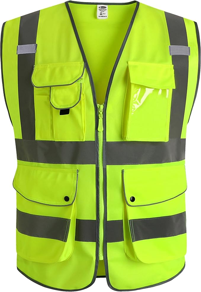JKSafety 9 Pockets Class 2 High Visibility Zipper Front Safety Vest With Reflective Strips,Meets ANSI/ISEA Standard (X-Large, Yellow)